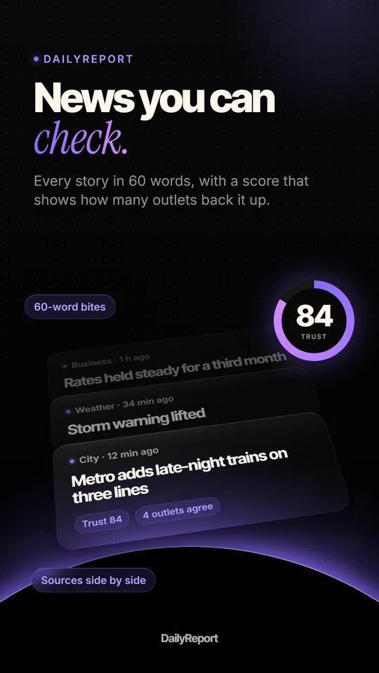 News you can check: stacked story cards with a trust score of 84